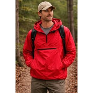 Vintage LL Bean Mens Large Red Nylon Anorak Windbreaker‎ 1/2 Zip Hoodie USA